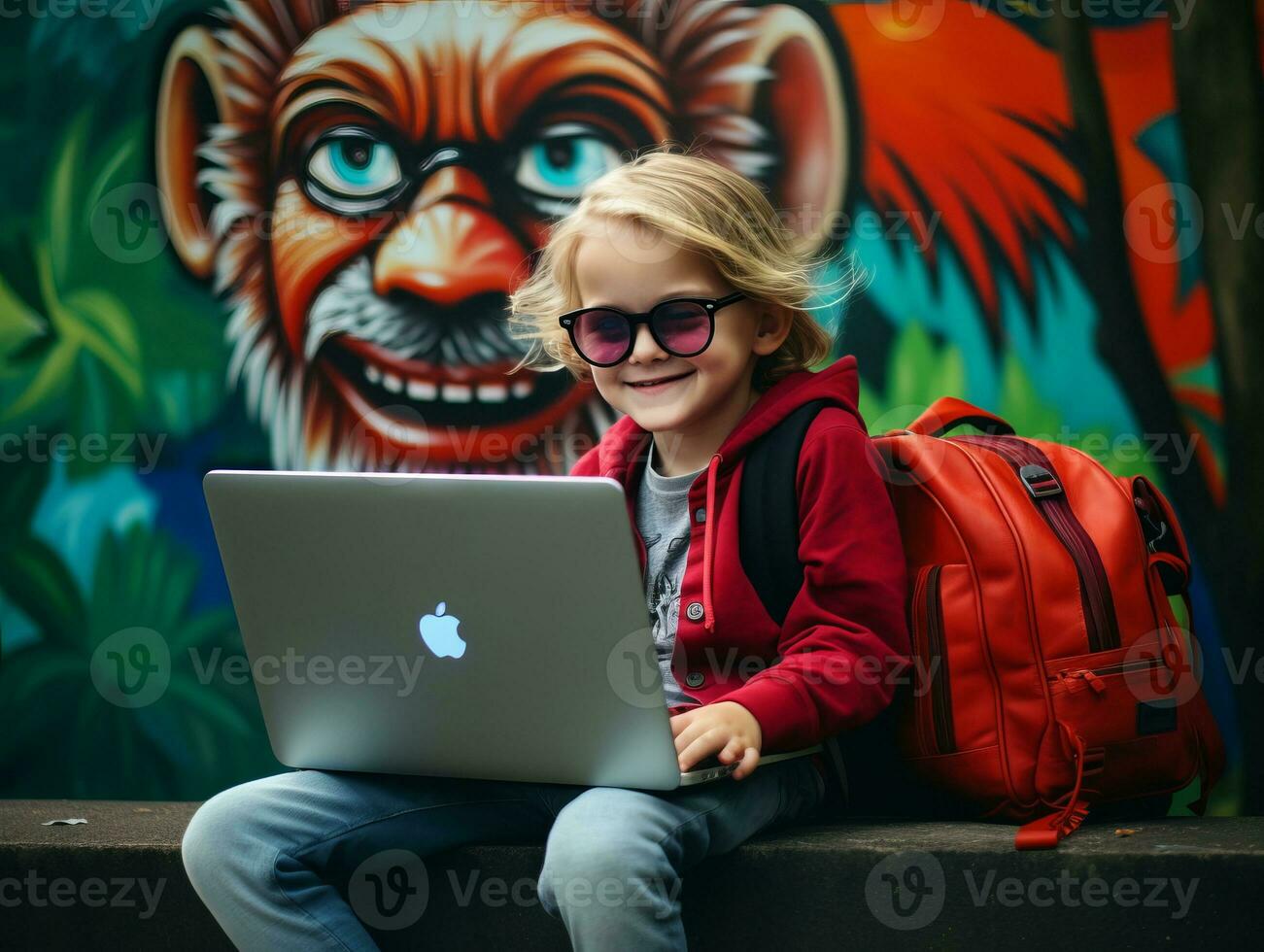 Colombian kid working on a laptop in a vibrant urban setting AI Generative photo