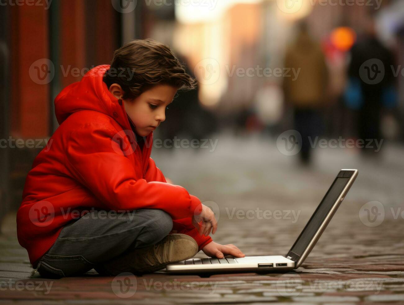 Colombian kid working on a laptop in a vibrant urban setting AI Generative photo