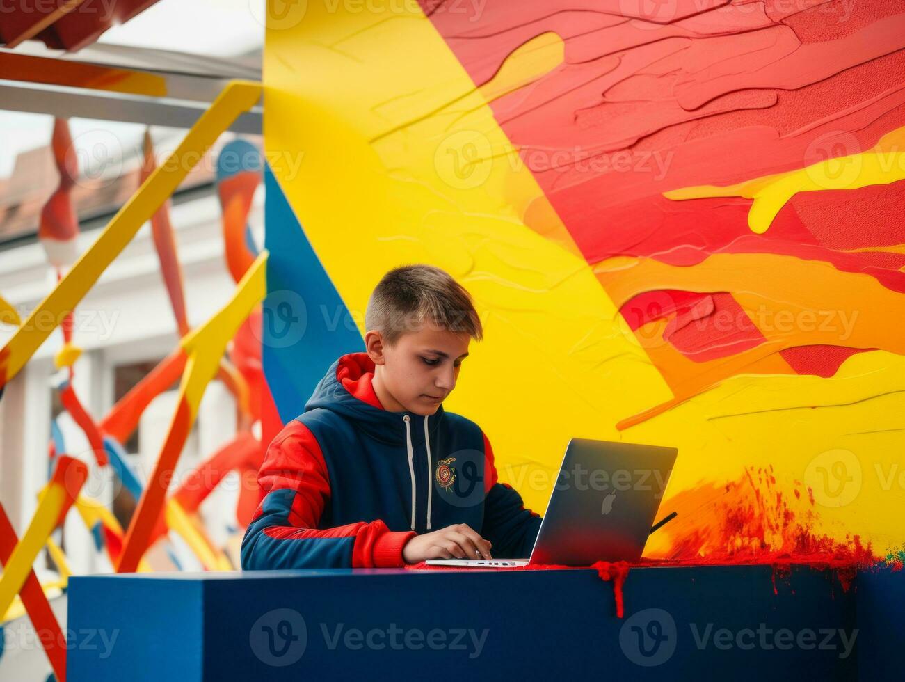 Colombian kid working on a laptop in a vibrant urban setting AI Generative photo