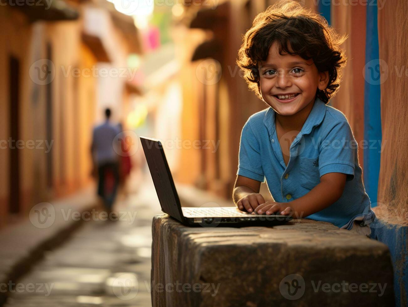 Colombian kid working on a laptop in a vibrant urban setting AI Generative photo