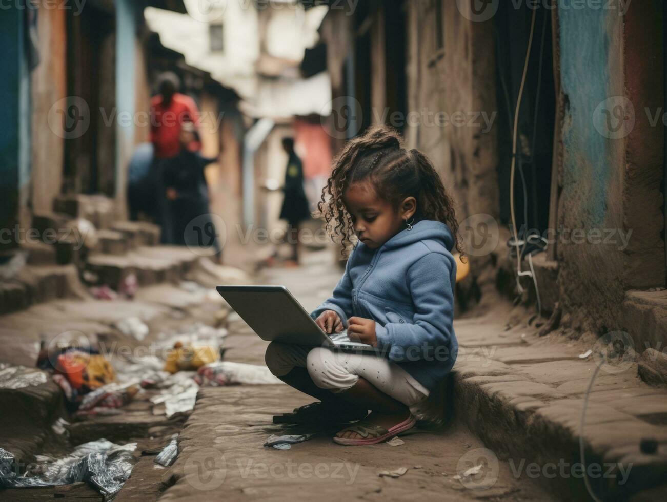 Colombian kid working on a laptop in a vibrant urban setting AI Generative photo