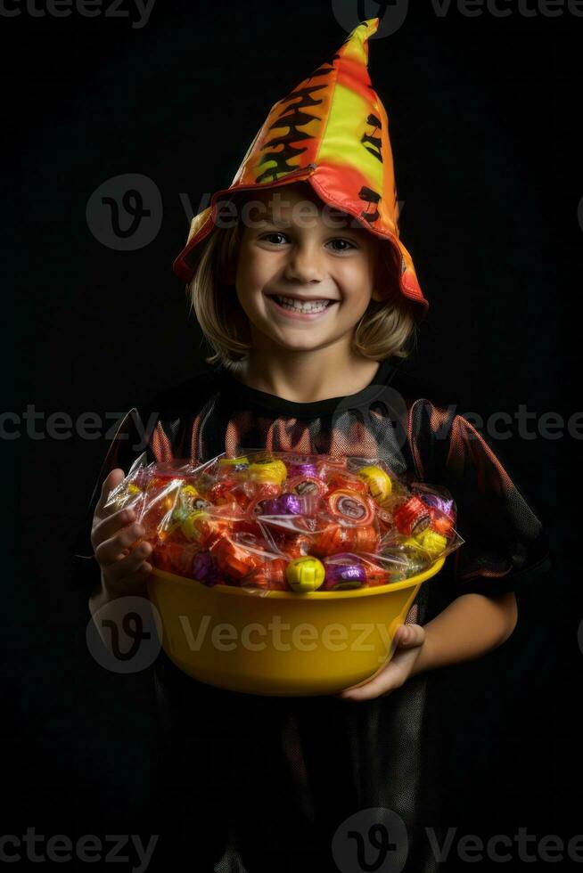 niño en Víspera de Todos los Santos disfraz participación un cuenco de caramelo con dañoso mueca ai generativo foto