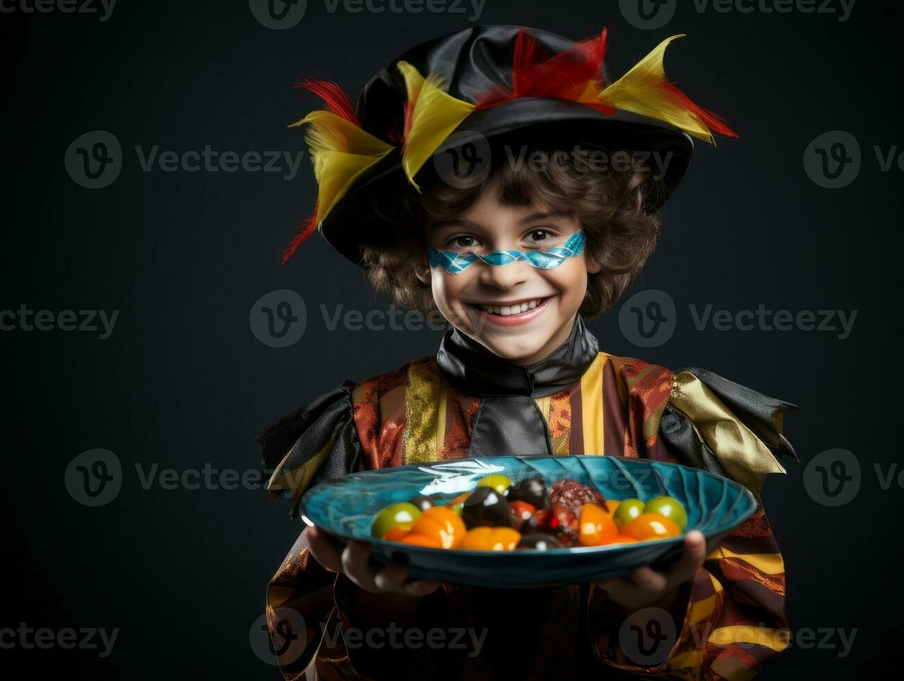 niño en Víspera de Todos los Santos disfraz participación un cuenco de caramelo con dañoso mueca ai generativo foto