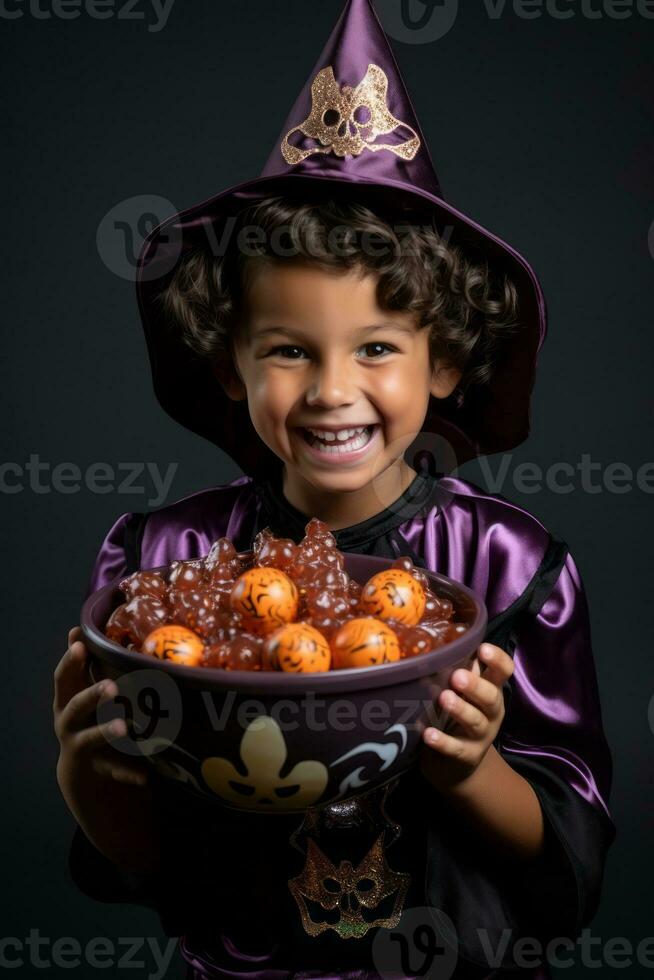 niño en Víspera de Todos los Santos disfraz participación un cuenco de caramelo con dañoso mueca ai generativo foto