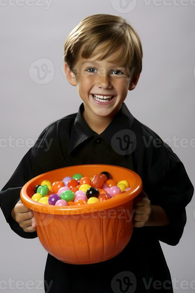 Kid in Halloween costume holding a bowl of candy with mischievous grin AI Generative photo