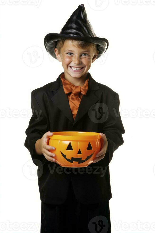 Kid in Halloween costume holding a bowl of candy with mischievous grin AI Generative photo