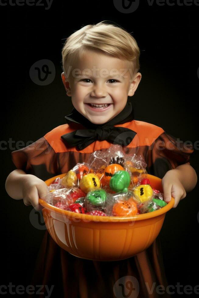 niño en Víspera de Todos los Santos disfraz participación un cuenco de caramelo con dañoso mueca ai generativo foto