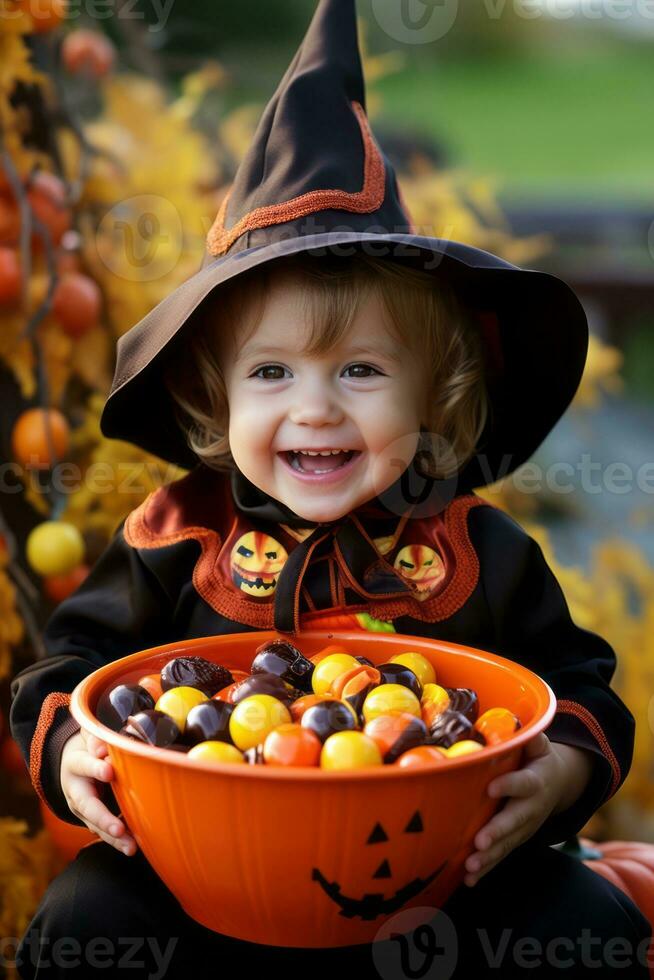 Kid in Halloween costume holding a bowl of candy with mischievous grin AI Generative photo