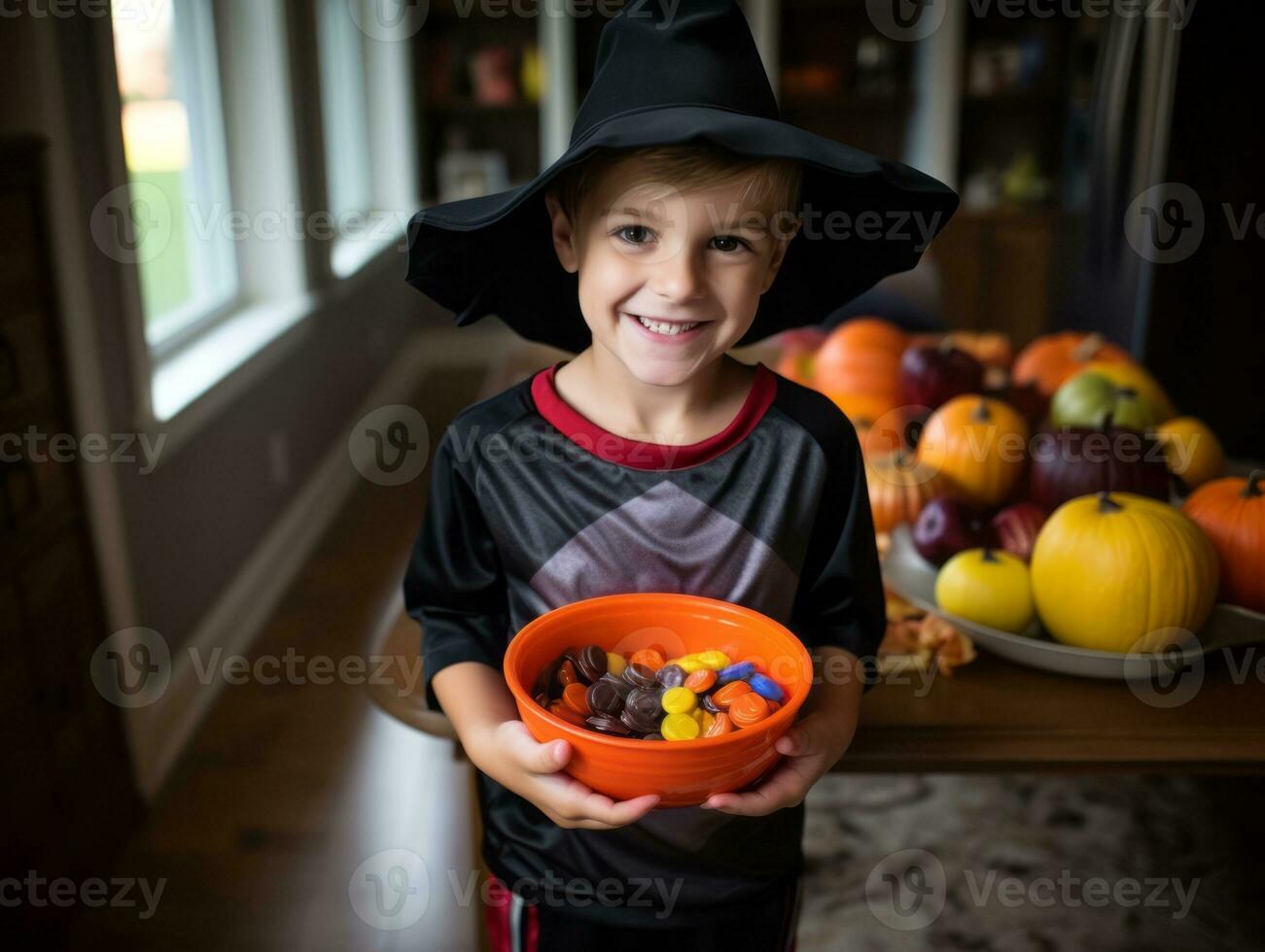 Kid in Halloween costume holding a bowl of candy with mischievous grin AI Generative photo