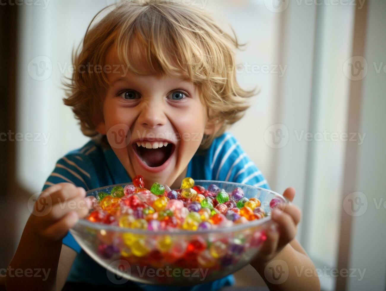 Kid in Halloween costume holding a bowl of candy with mischievous grin AI Generative photo