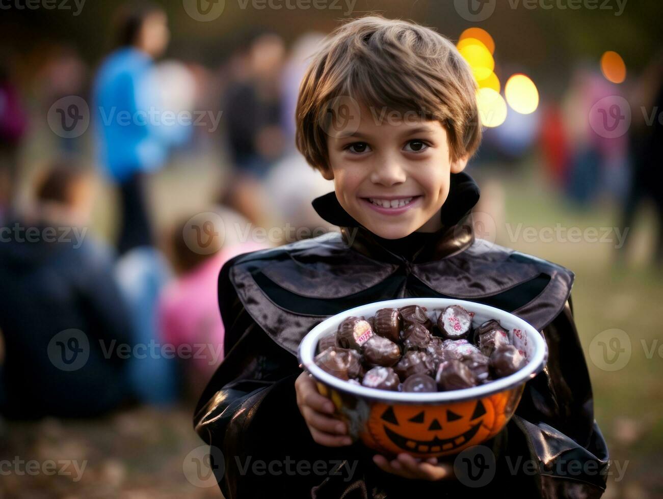 Kid in Halloween costume holding a bowl of candy with mischievous grin AI Generative photo