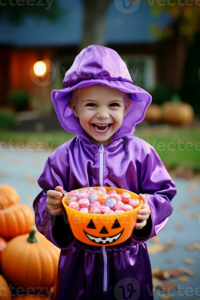 niño en Víspera de Todos los Santos disfraz participación un cuenco de caramelo con dañoso mueca ai generativo foto