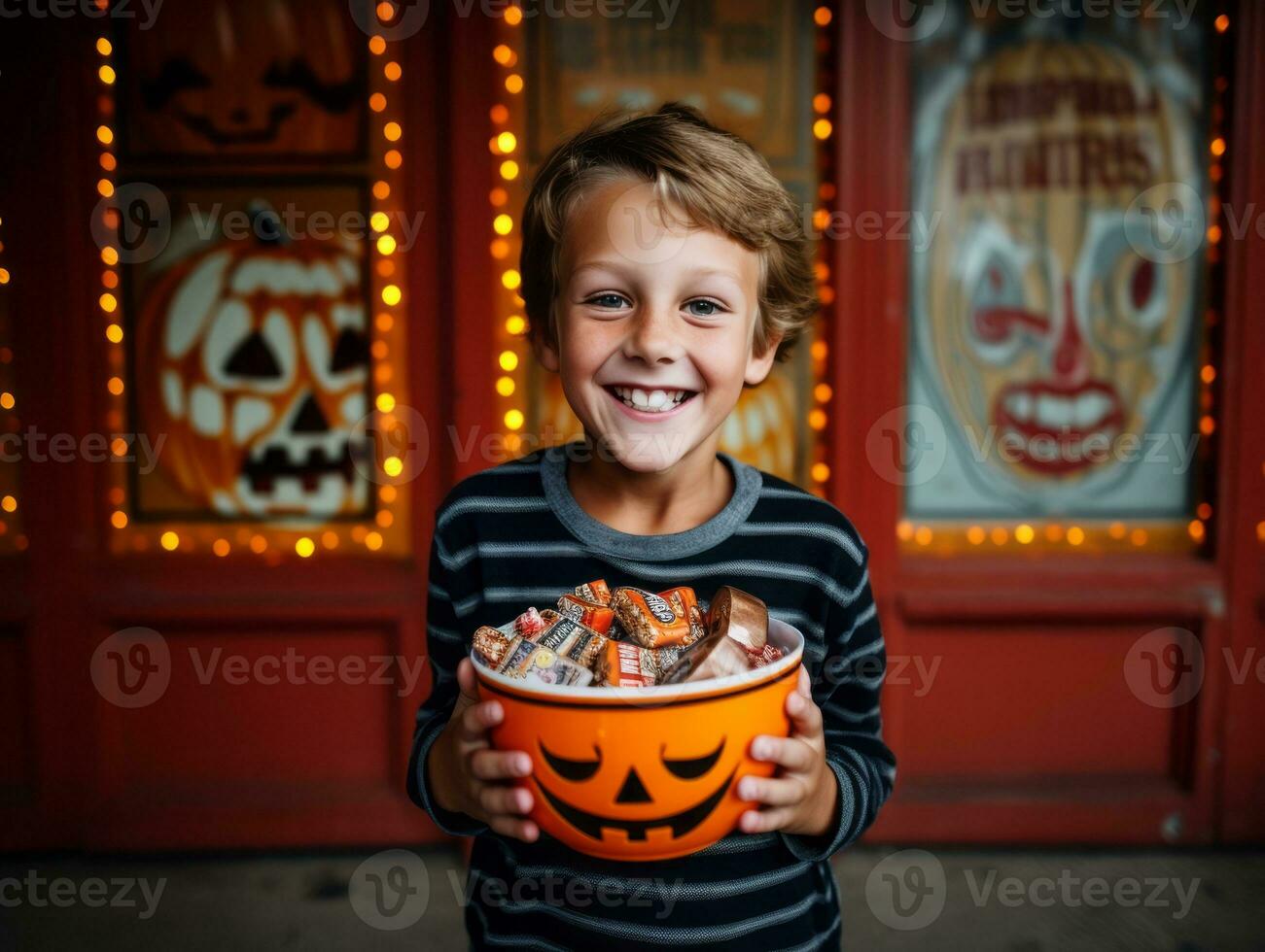 Kid in Halloween costume holding a bowl of candy with mischievous grin AI Generative photo