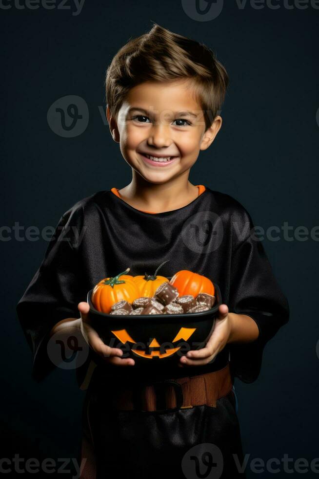 niño en Víspera de Todos los Santos disfraz participación un cuenco de caramelo con dañoso mueca ai generativo foto