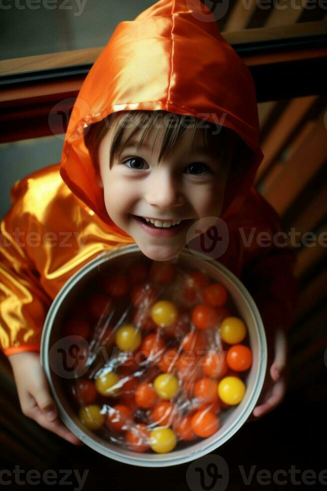 niño en Víspera de Todos los Santos disfraz participación un cuenco de caramelo con dañoso mueca ai generativo foto