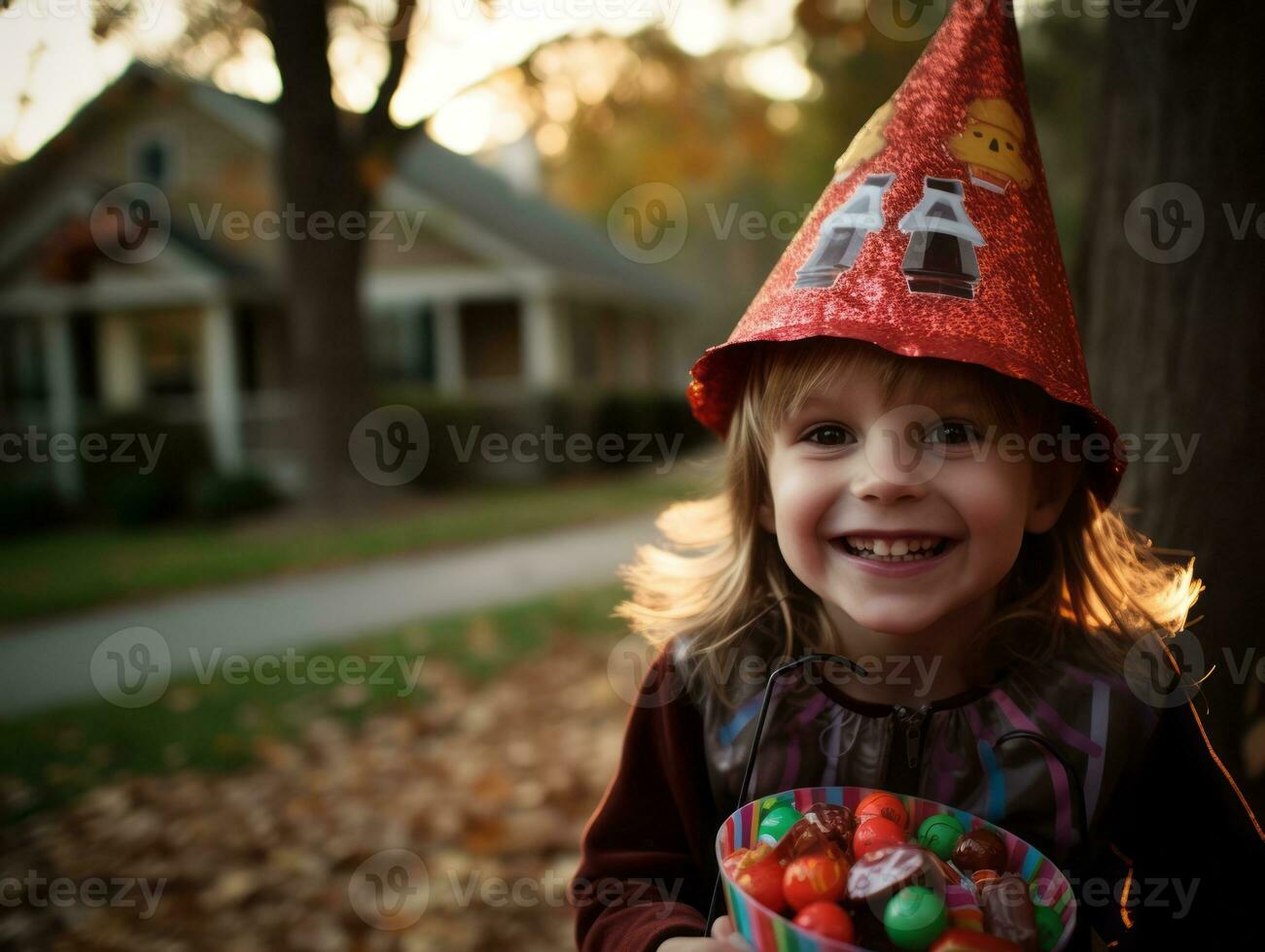 niño en Víspera de Todos los Santos disfraz participación un cuenco de caramelo con dañoso mueca ai generativo foto