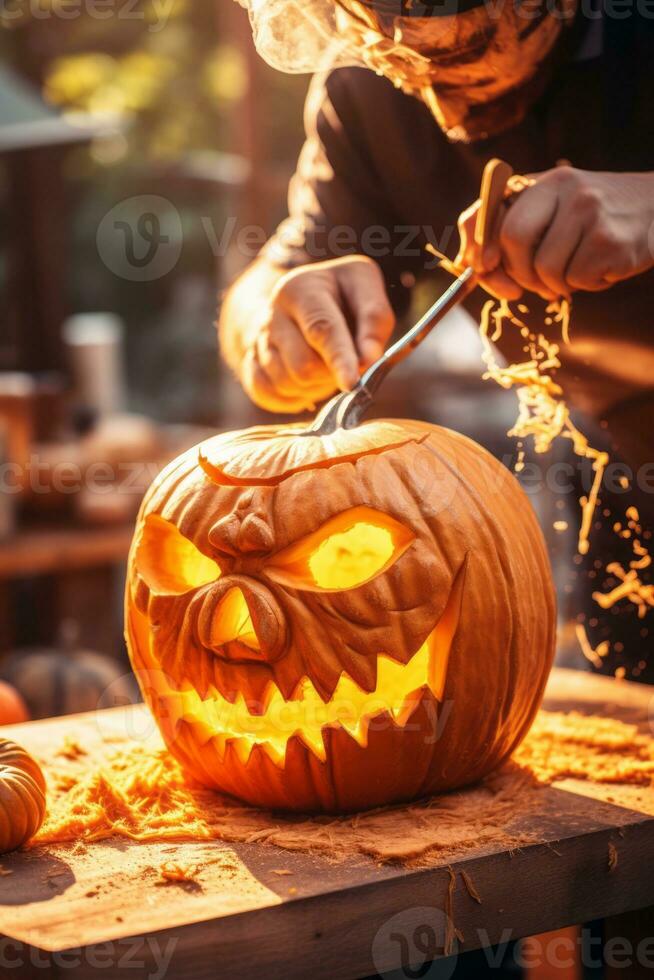 Man carving a sinister jack o lantern AI Generative photo