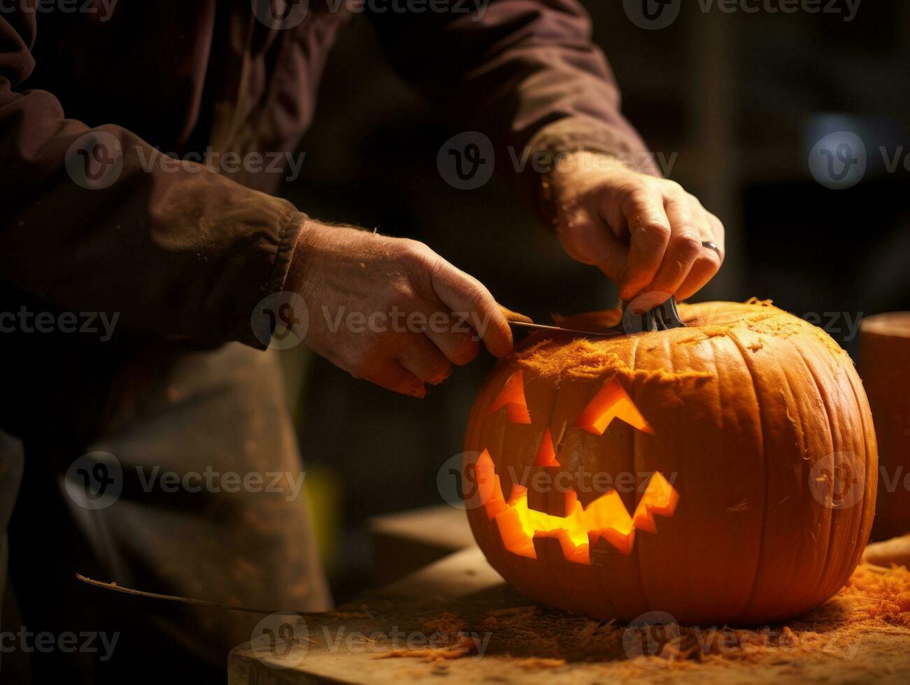 hombre tallado un siniestro Jack o linterna ai generativo foto