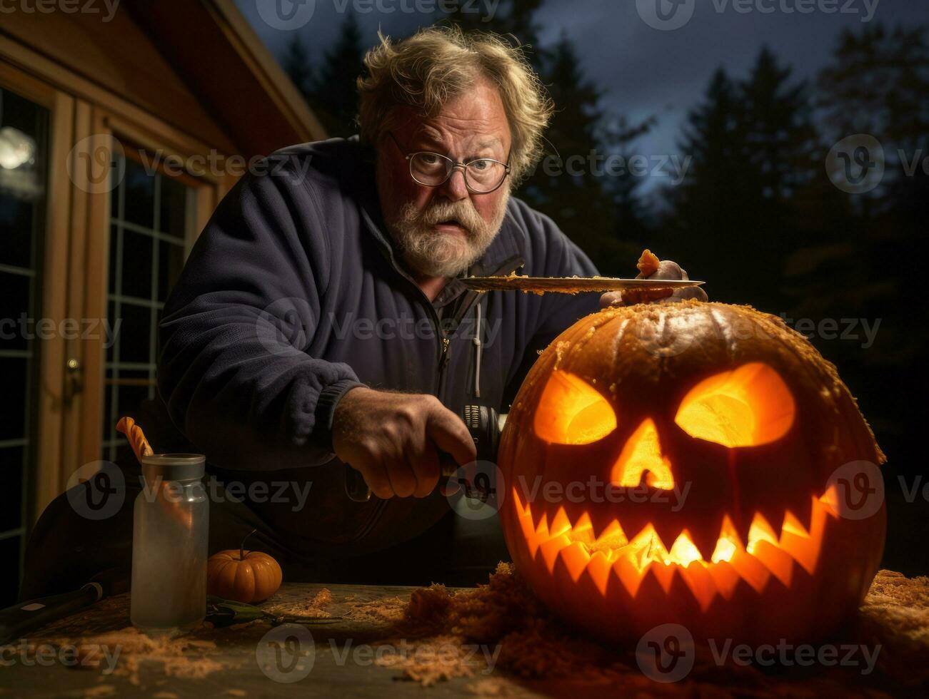 Man carving a sinister jack o lantern AI Generative photo