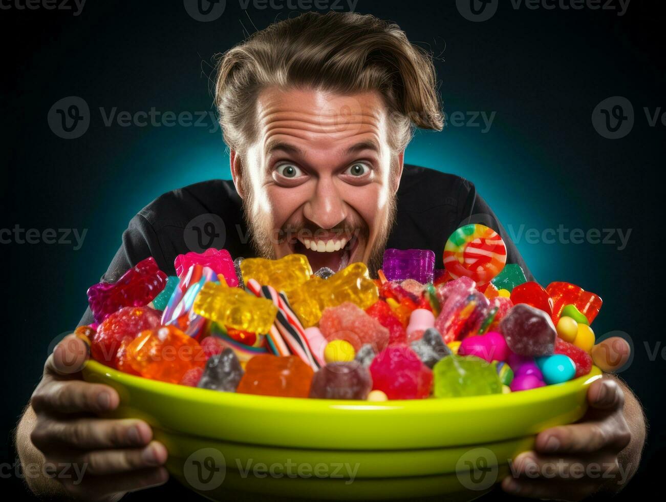 Man in Halloween costume holding a bowl of candy with mischievous grin AI Generative photo