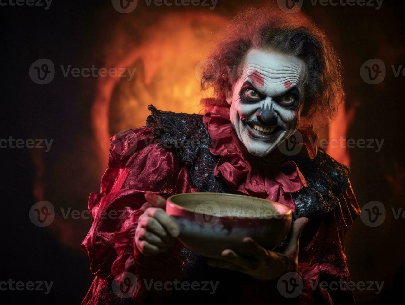 Man in Halloween costume holding a bowl of candy with mischievous grin AI Generative photo