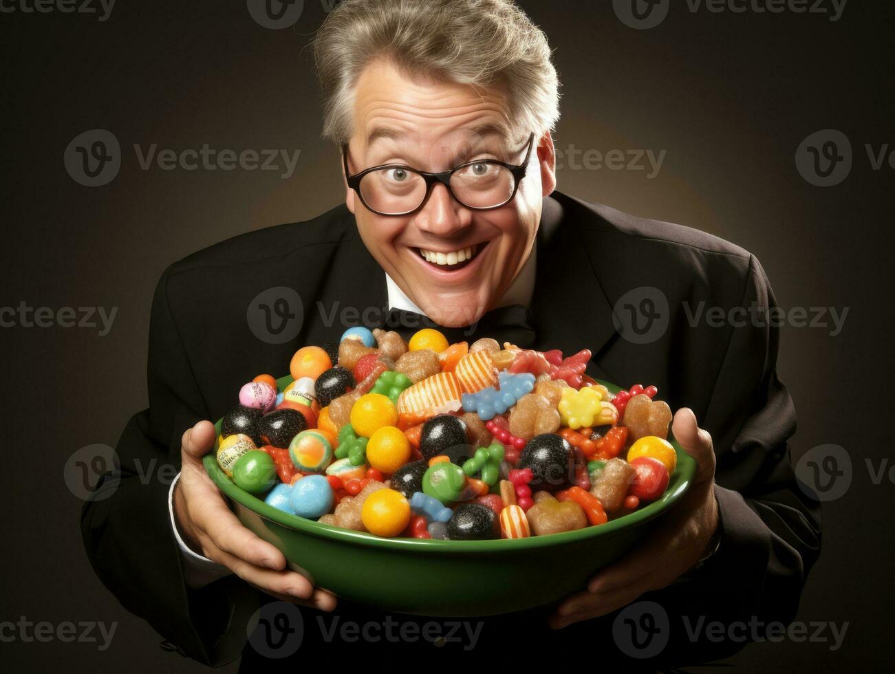 Man in Halloween costume holding a bowl of candy with mischievous grin AI Generative photo