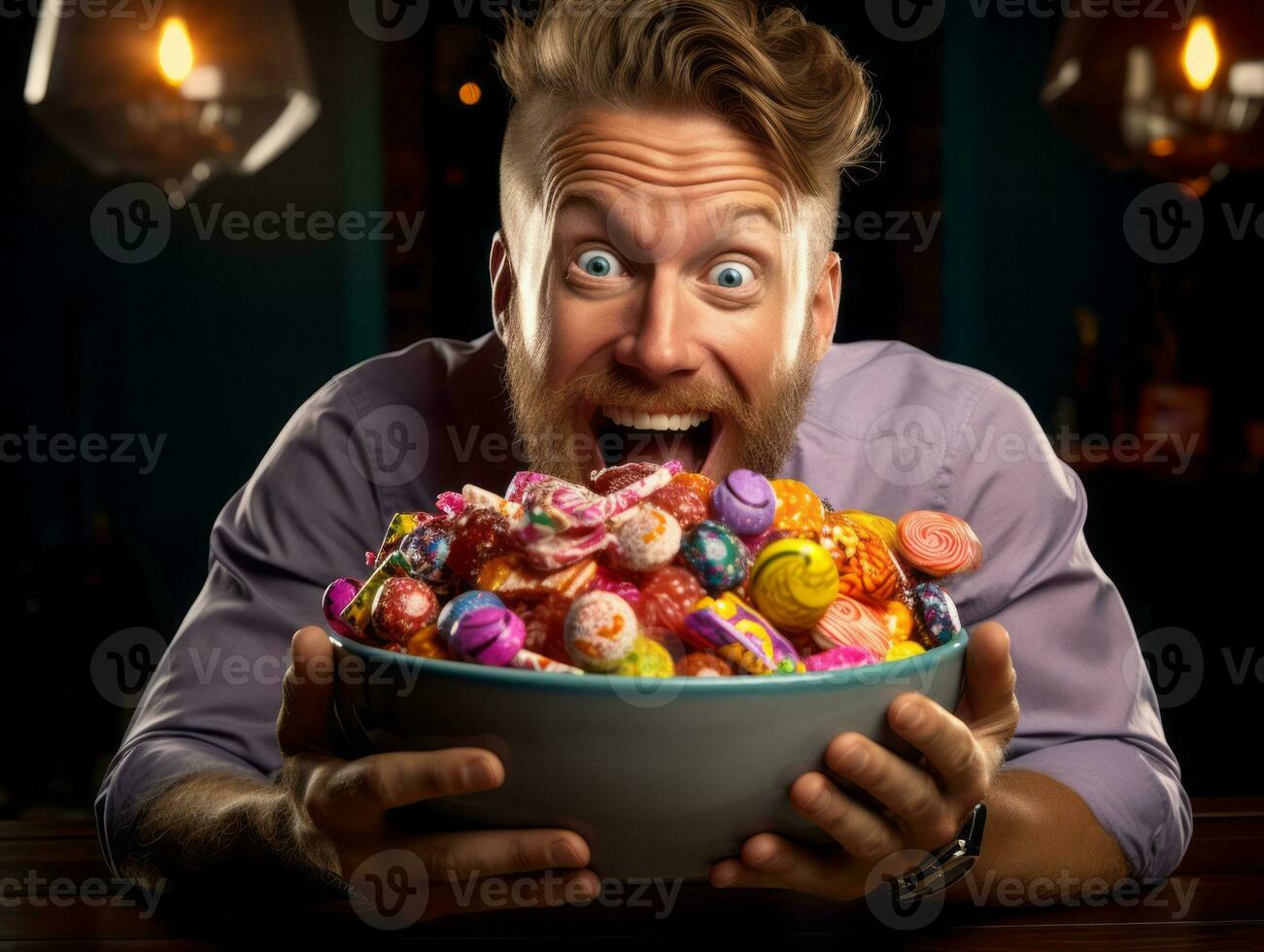 Man in Halloween costume holding a bowl of candy with mischievous grin AI Generative photo