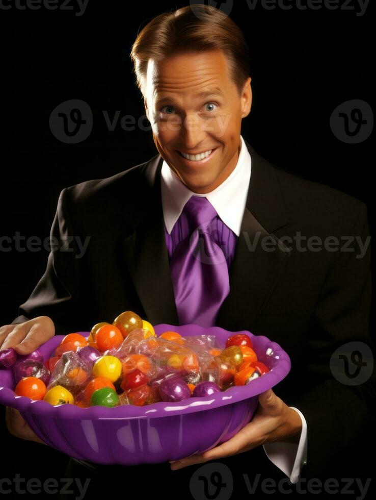 Man in Halloween costume holding a bowl of candy with mischievous grin AI Generative photo