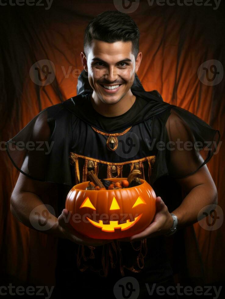 Man in Halloween costume holding a bowl of candy with mischievous grin AI Generative photo