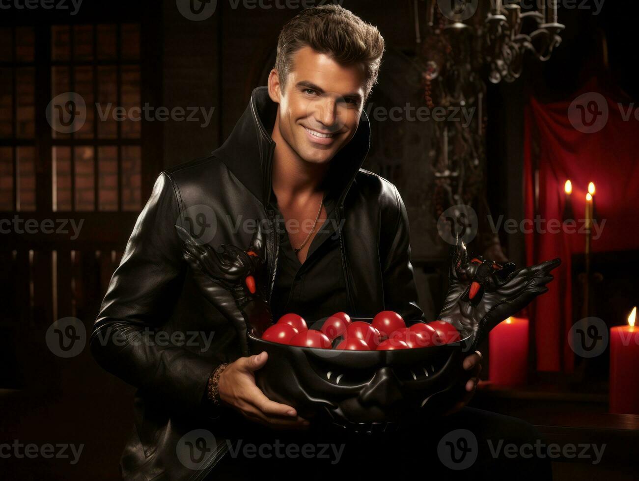 Man in Halloween costume holding a bowl of candy with mischievous grin AI Generative photo