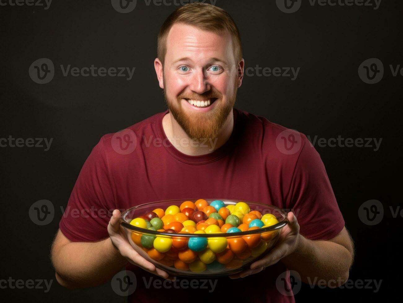 Man in Halloween costume holding a bowl of candy with mischievous grin AI Generative photo