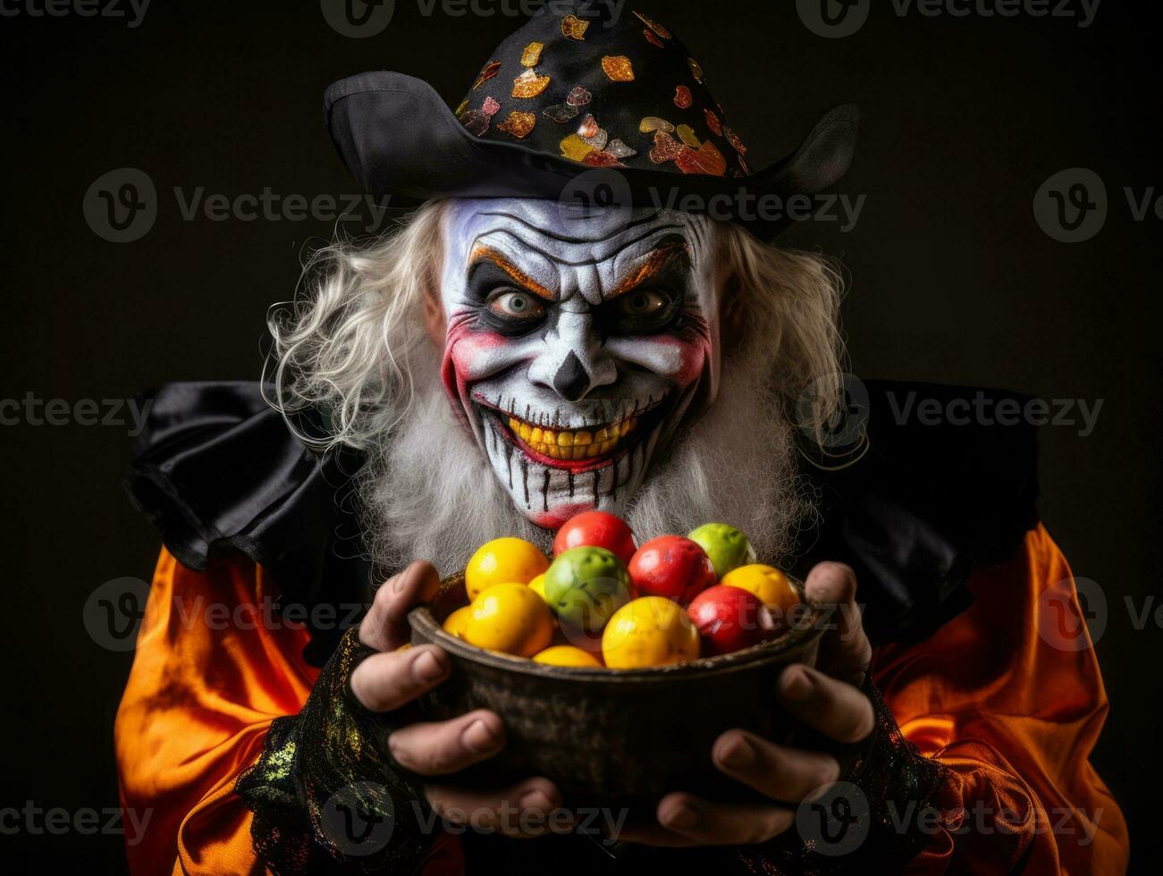 Man in Halloween costume holding a bowl of candy with mischievous grin AI Generative photo