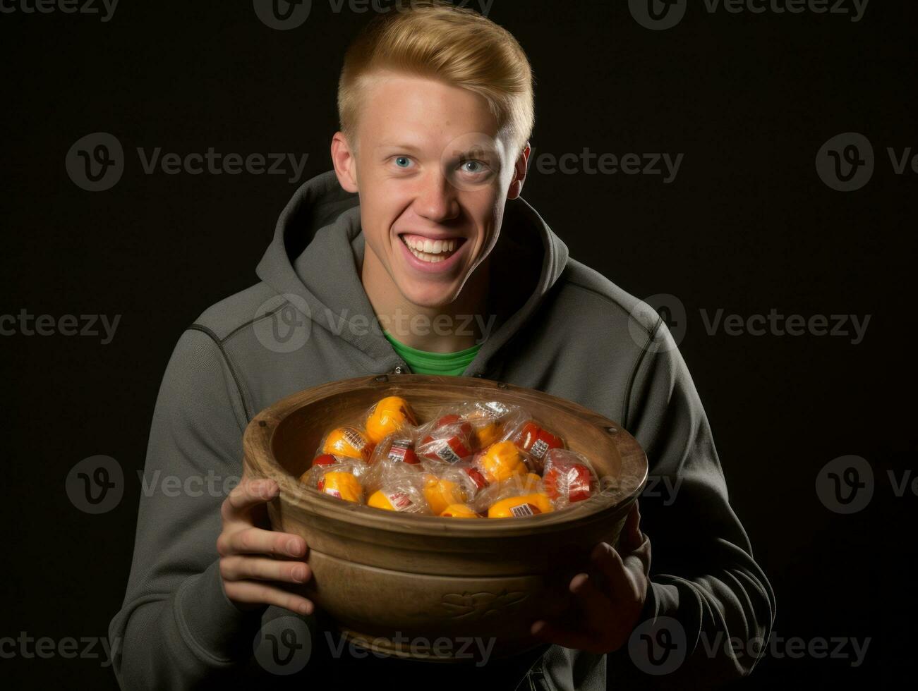 Man in Halloween costume holding a bowl of candy with mischievous grin AI Generative photo