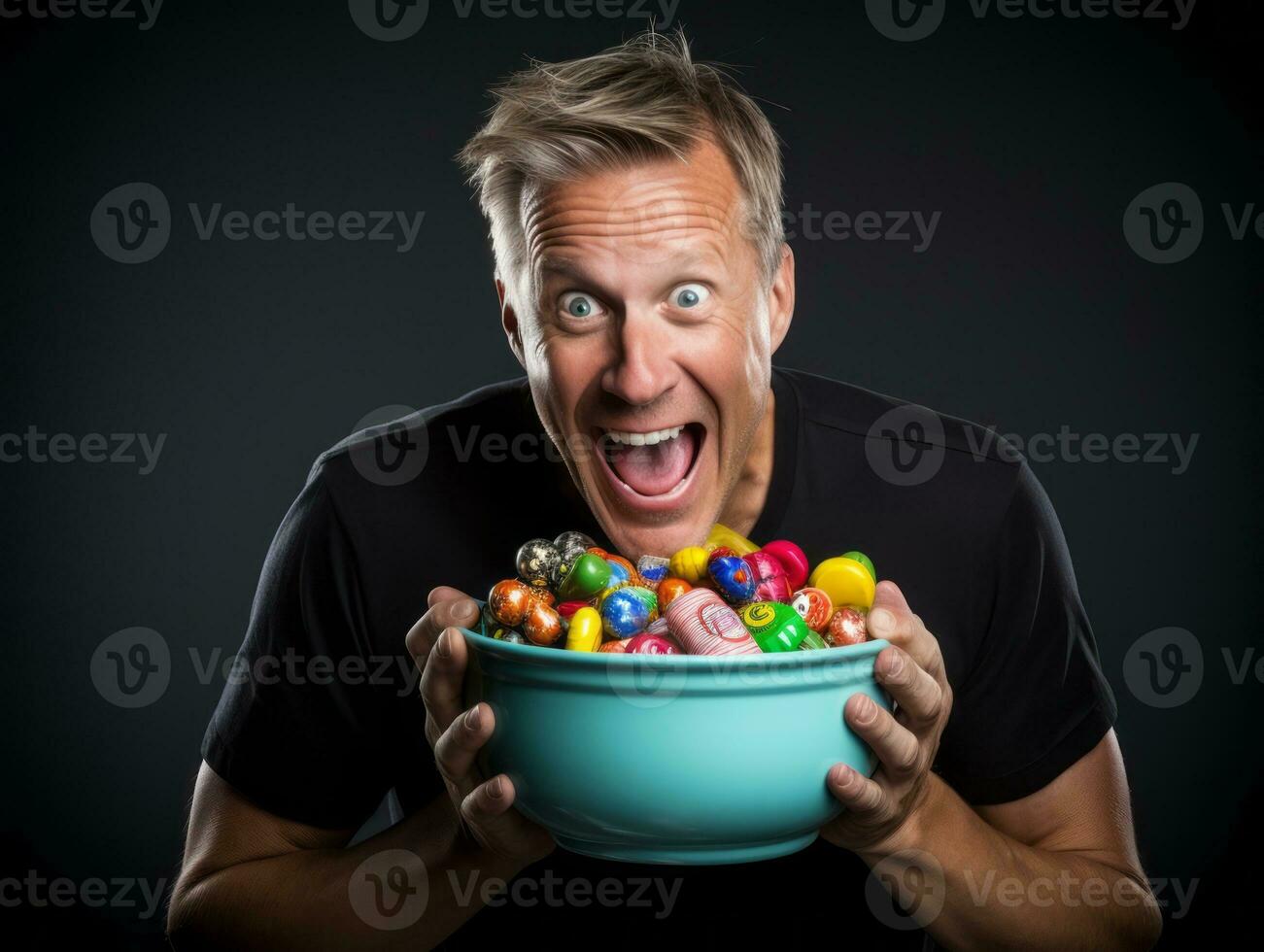 Man in Halloween costume holding a bowl of candy with mischievous grin AI Generative photo
