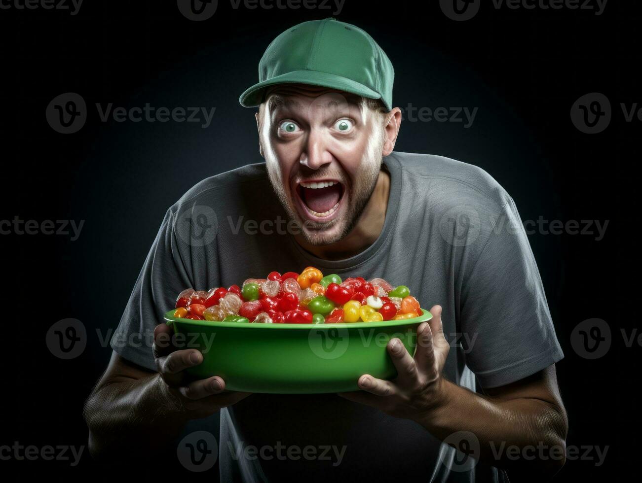 Man in Halloween costume holding a bowl of candy with mischievous grin AI Generative photo