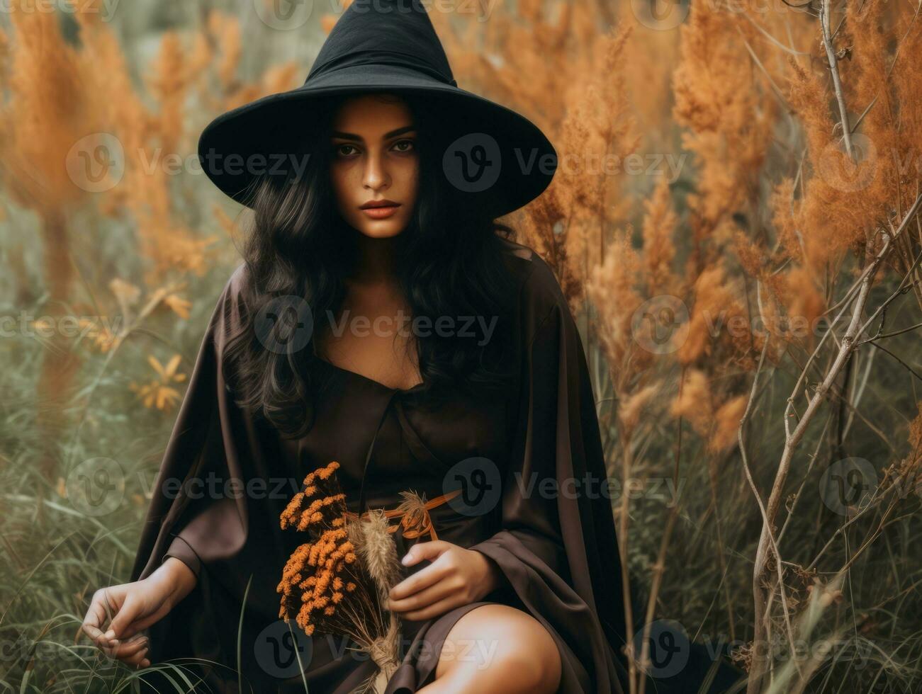 Woman dressed as a witch for Halloween AI Generative photo