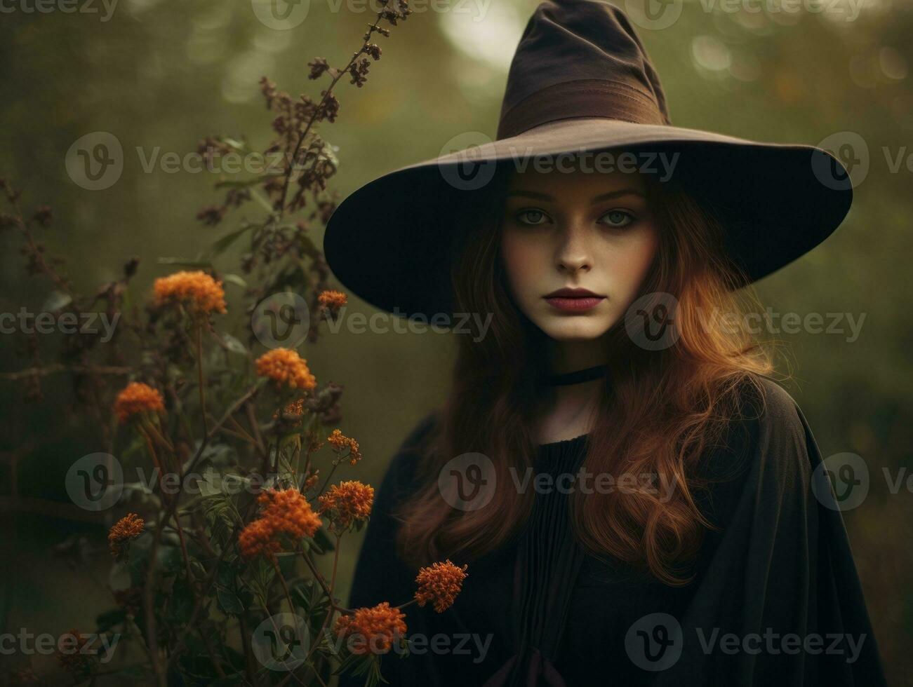 Woman dressed as a witch for Halloween AI Generative photo