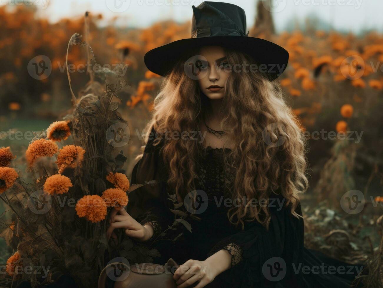 Woman dressed as a witch for Halloween AI Generative photo