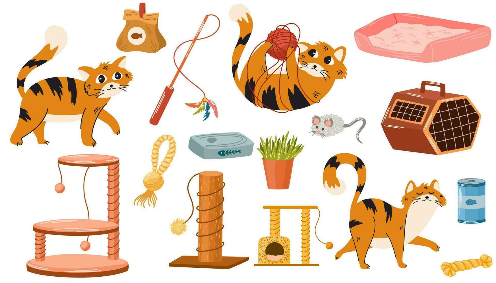 mascota tienda surtido, gatos accesorios. conjunto de Tienda suministro artículos para Doméstico mascotas, camas, animal alimento, juguetes, transporte y alimentar. vector mano dibujar ilustración.
