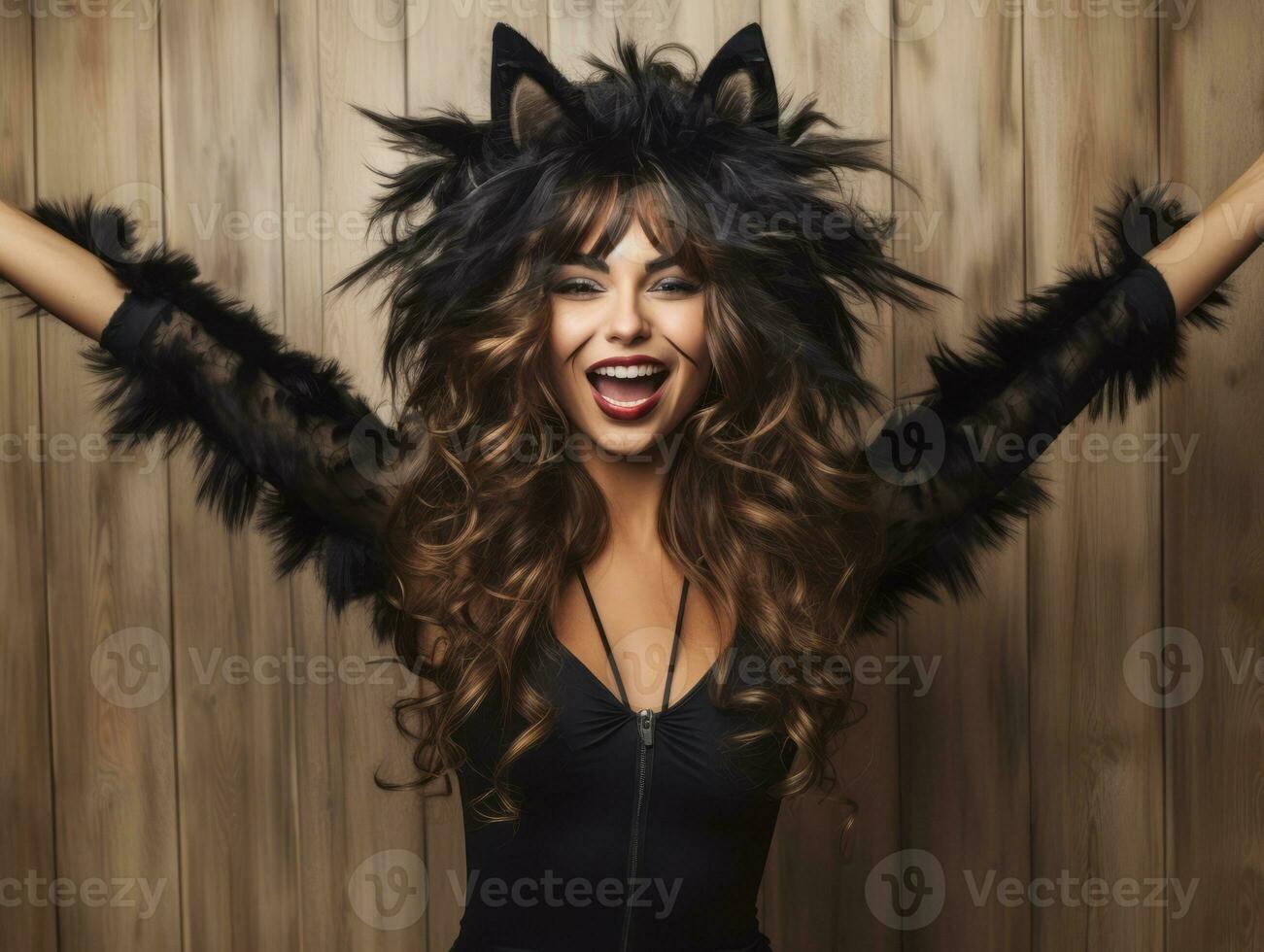 Woman in a Halloween costume with a playful pose AI Generative photo