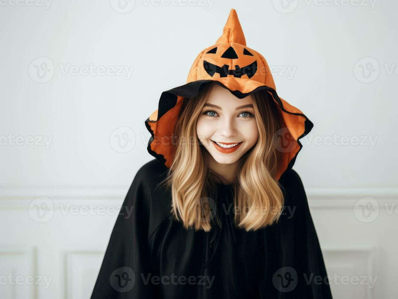 Woman in a Halloween costume with a playful pose AI Generative photo