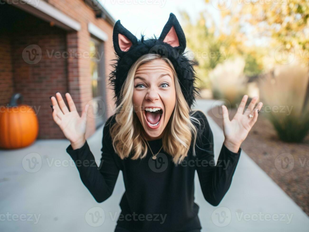 Woman in a Halloween costume with a playful pose AI Generative photo