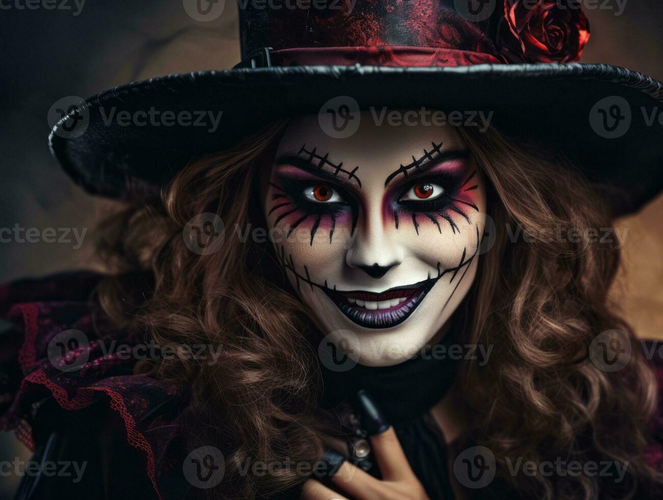 Woman in a Halloween costume with a playful pose AI Generative photo