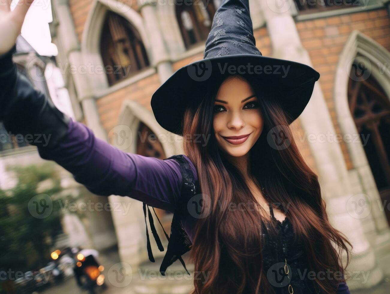 Woman in a Halloween costume with a playful pose AI Generative photo