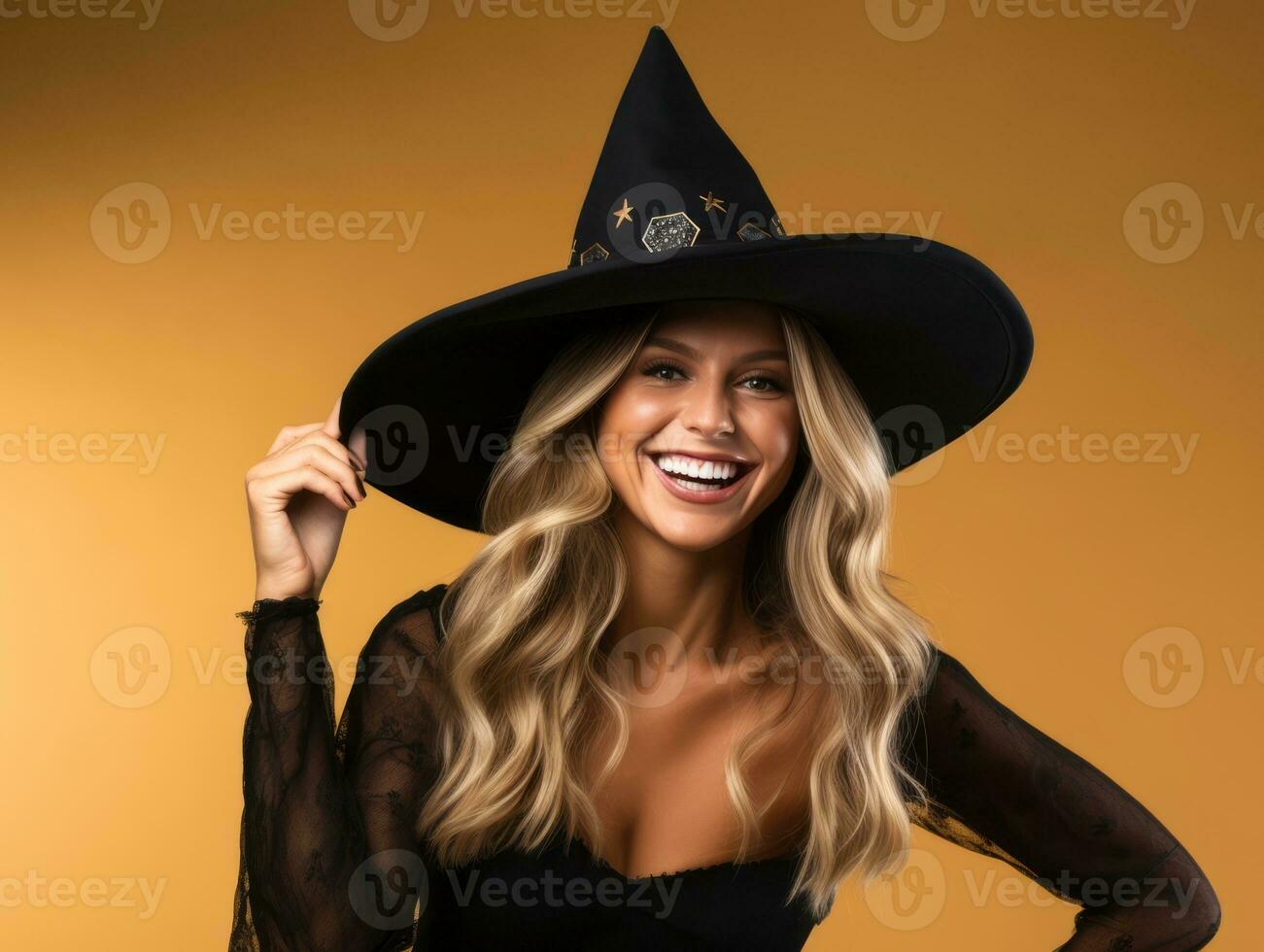 Woman in a Halloween costume with a playful pose AI Generative photo