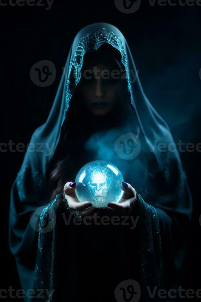 Woman telling from a crystal ball dressed as a mysterious fortune teller AI Generative photo