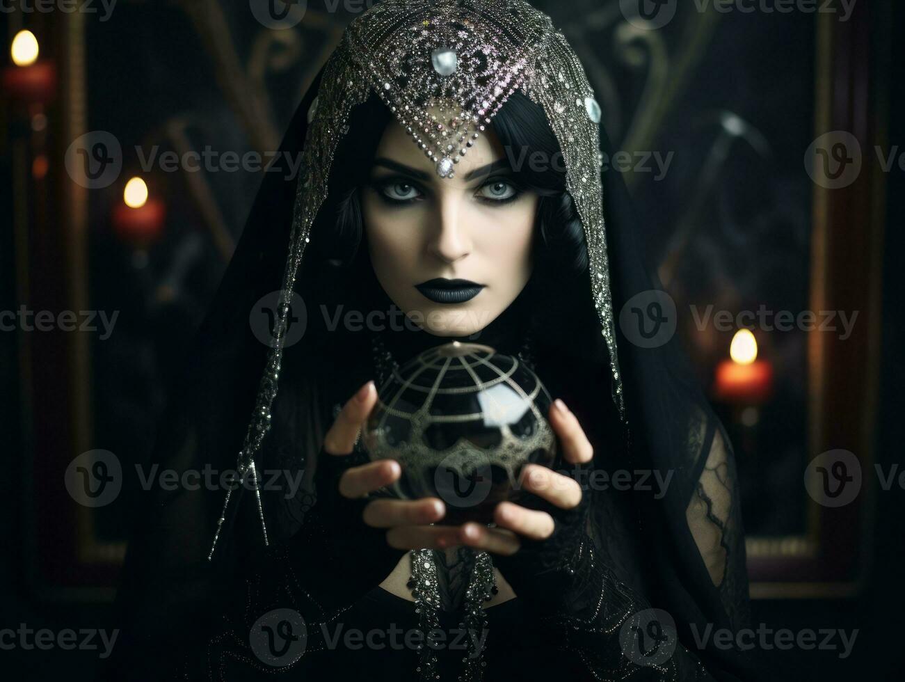 Woman telling from a crystal ball dressed as a mysterious fortune teller AI Generative photo