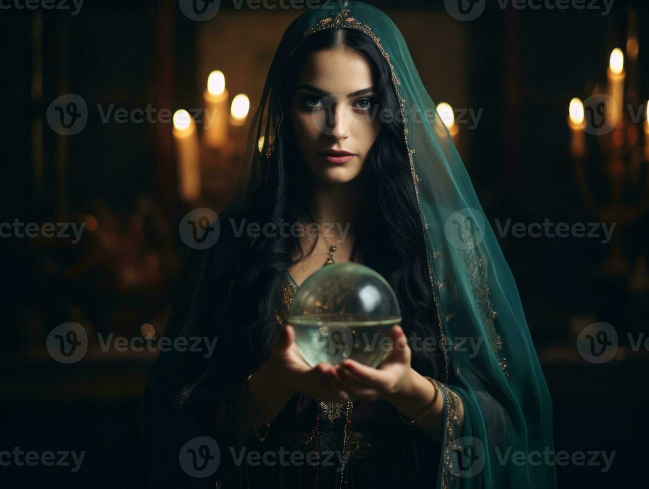 Woman telling from a crystal ball dressed as a mysterious fortune teller AI Generative photo