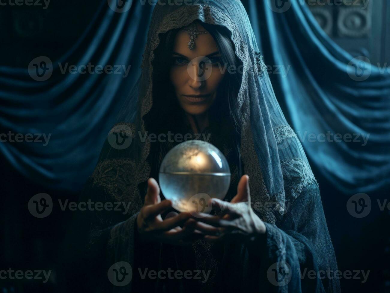 Woman telling from a crystal ball dressed as a mysterious fortune teller AI Generative photo