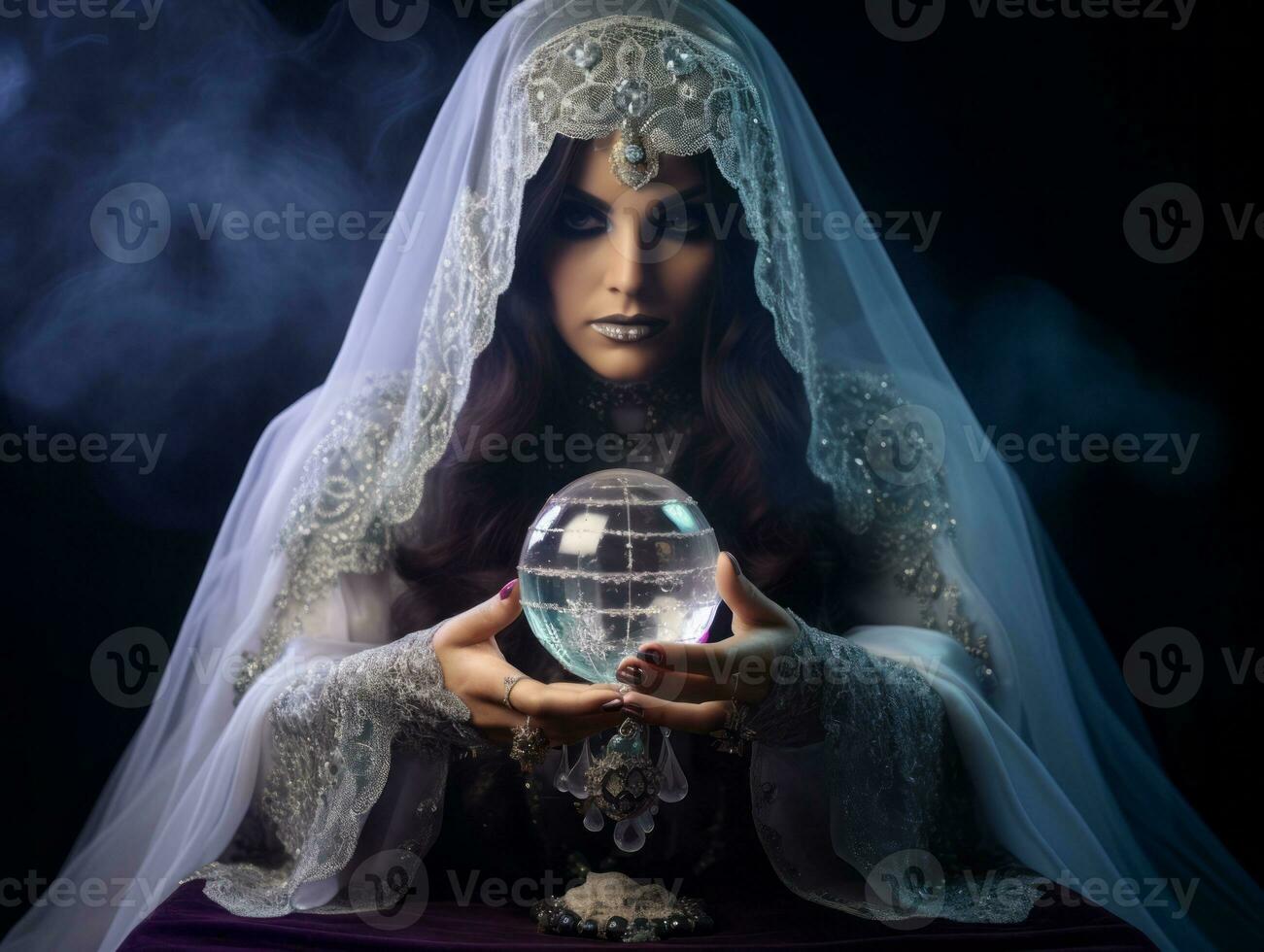 Woman telling from a crystal ball dressed as a mysterious fortune teller AI Generative photo